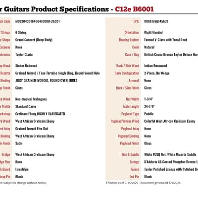 🔥 2026 Taylor Gold Label C12e Custom Grand Concert - Sinker Redwood! 🔥 image 14