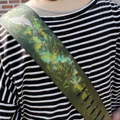 Burny Black Wide Guitar Strap 3.5" - dreaming girl green/brown made to order - oil image 5
