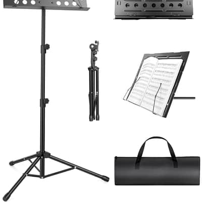 Music Stand, Foldable Sheet Music Stand with Tri-fold Panel & Carrying Bag, Height Adjustable up to 58.3" Metal Book Holder for Sitting/Standing, Professional Performance & Travel image 1