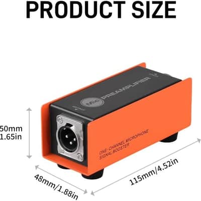 XLR Preamp for Dynamic Microphones,25dB Gain, Low-Noise Amplifier,Compact Metal Housing, XLR I/O,Orange/Black, Phantom Power image 2
