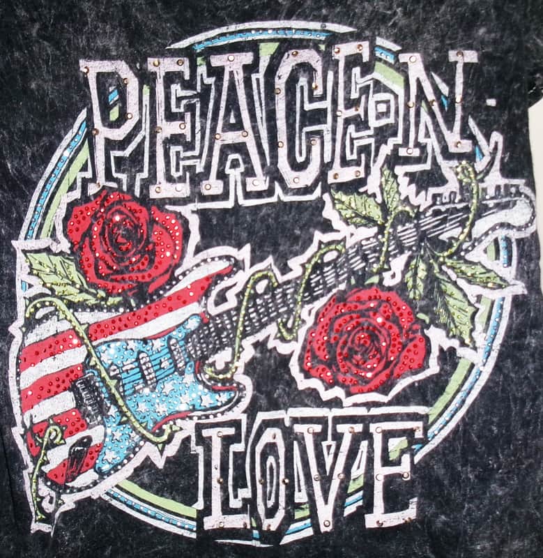 peace n love S -M woman 100% organic tee red-white sparkle strat logo tee - rock n roll art metal blues hippie fender image 1