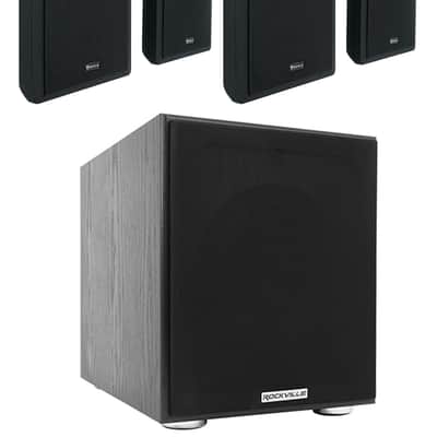 4) Rockville RockSlim Black Home Theater 5.25" 240w Wall Mount Slim Speakers+Sub image 1