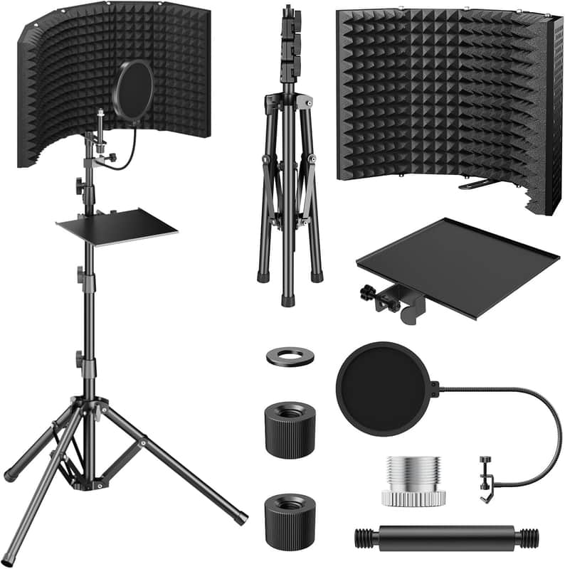 Isolation Shield Pack for Mic, Acoustic Foam Shield with Pop Filter & Tripod Stand, Foldable Design, Suitable for Recording, Podcasts, Singing, Broadcast, Max 178 cm/70inch image 1