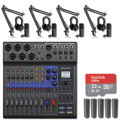Zoom LiveTrak L-8 8-Channel Digital Mixer and Recorder with 4x ZDM-1 Podcast Microphone Packs, 4x Microphone Boom Arms, 5x AA Batteries and 32GB microSD Card with Adapter image 1