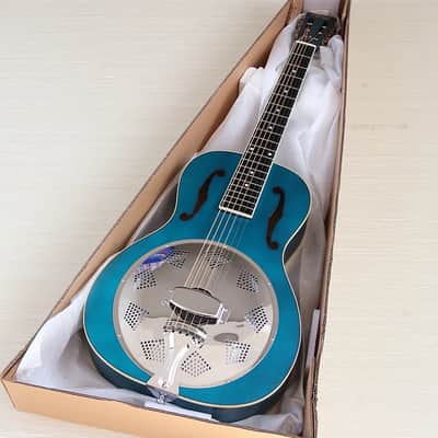 Blue Resonator Folk Acoustic Guitar, Laminated Spruce Top Body, Mahogany Neck image 1