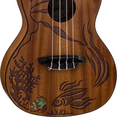 Luna Coral Solid Mahogany Concert Ukulele, Etched Fish image 1