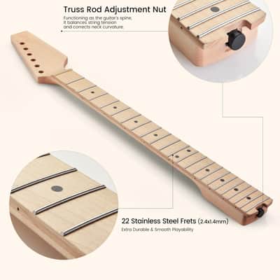 Electric Guitar Neck, 12"-16" Compound Radius, Canadian Hard Maple Neck & Fretboard, 22 Stainless Steel Frets (2.4x1.4mm), Oiled Bone Nut 42mm, Matte Finish image 5