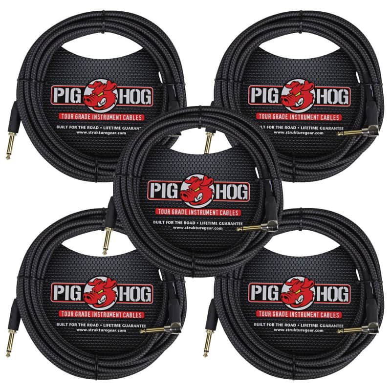 5 Pack Pig Hog PCH20BKR Black Woven ¼” TO ¼” Right Angle Instrument Cable, 20ft image 1