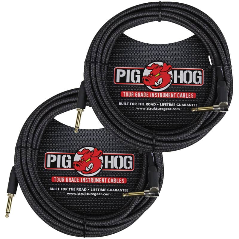 2 Pack Pig Hog PCH20BKR 1/4" TS Right-Angle to Straight Instrument/Guitar Cable - 20' image 1