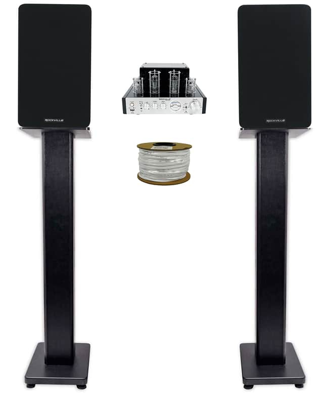 Rockville BluTube Tube Amplifier+5.25" Black Bookshelf Speakers+Black 28" Stands image 1
