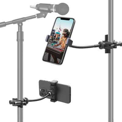 Mic Stand Phone Holder, [Stable Metal Gooseneck] Phone Holder for Mic Stand, Drum Stand, Sheet Music Stand Compatible with all 4.2" to 7" Cell Phones, iPhone 15, Galaxy S/Note/A, Pixel image 1