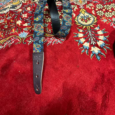 Bobby Lee Black blue orange paisley and brown leather guitar strap 1960s image 1