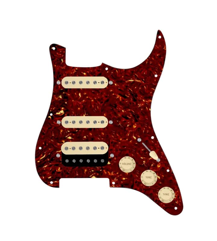 920D Custom HSS Loaded Pickguard For Strat With An Uncovered Roughneck Humbucker, Aged White Texas Growler Pickups, Black Knobs, and Tortoise Pickguard image 1