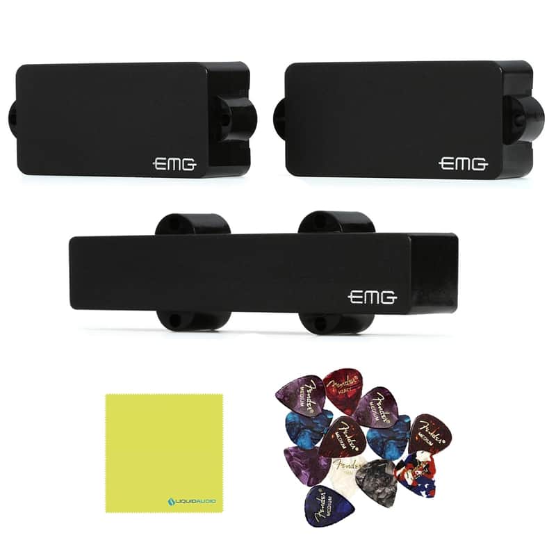 EMG PJ Set Active Ceramic PJ Bass Pickup Set, Black Bundle w/ 12x Guitar Picks and Liquid Audio Polishing Cloth image 1