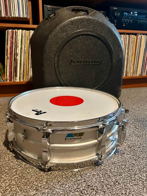 Ludwig No. 404 Acrolite 5x14" 8-Lug Aluminum Snare Drum with Pointed Blue/Olive Badge 1969 - 1979 - Matte Aluminum image 1