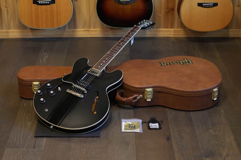 Lefty! 2021 Gibson ES-335 Dot Semi-Hollow Electric Guitar Black Ebony w/ Racing Stripes + OHSC