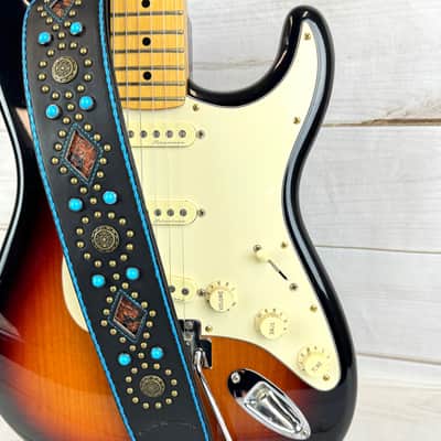 Walker & Williams GTR-20-BLU Sedona Special Turquoise Blue On Black Padded Strap With Brass Studs & Rivets For Acoustic Electric And Bass Guitars image 3