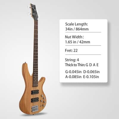 Glarry Burlywood GIB 4 String Full Size HH Pickup Bass Guitar image 3