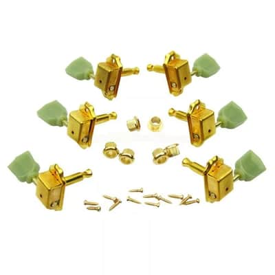 Vintage-Style Gold 3x3 LP Guitar Tuning Pegs – Les Paul Tuners with Emerald Green Knobs, Includes Hardware image 4