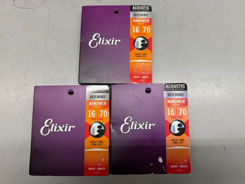3 Sets Elixir 11306 Nanoweb Nickel Plated Steel Baritone Acoustic Guitar Strings (16-70) 2010s - Standard image 1