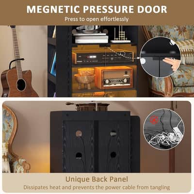 5-Tier Media Cabinet & Vinyl Record Storage Stand w/ RGB LED Lights, Glass Door, Power Outlets & Wheels – Black image 8