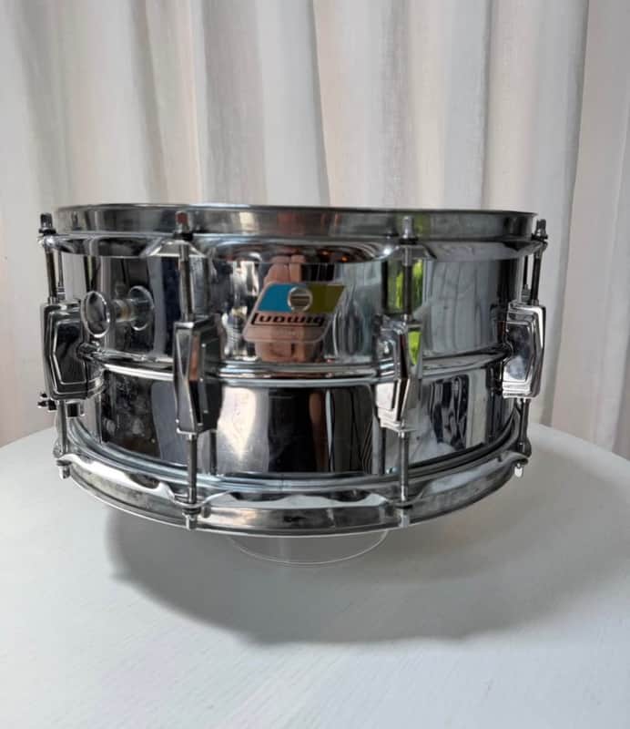 Ludwig No. 411 Super-Sensitive 6.5x14" 10-Lug Aluminum Snare Drum with Pointed Blue/Olive Badge 1969 - 1979 - Chrome-Plated image 1