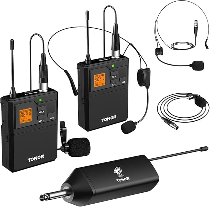 UHF Wireless Microphone System with Dual Headset Microphones/Lavalier Lapel Mics, Bodypack Transmitters, Mini Rechargeable Receiver, 2x15 Channels 200ft Range, for Recording Speech PA Speaker image 1