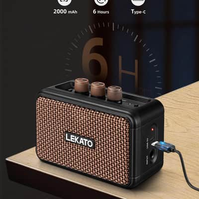 LEKATO Mini Guitar Amplifier, Dual Speakers 5W, Rechargeable Electric Guitar Amp Bluetooth with Clean Overdrive, 6H Working, Headphone Jack, Portable Small Amp for Practice AG-04 (Brown) image 3