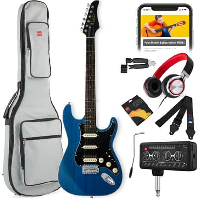 Beginner Electric Guitar Kit w/ Headphone Amp, Padded Gig Bag, Headphones - Sky Blue image 1