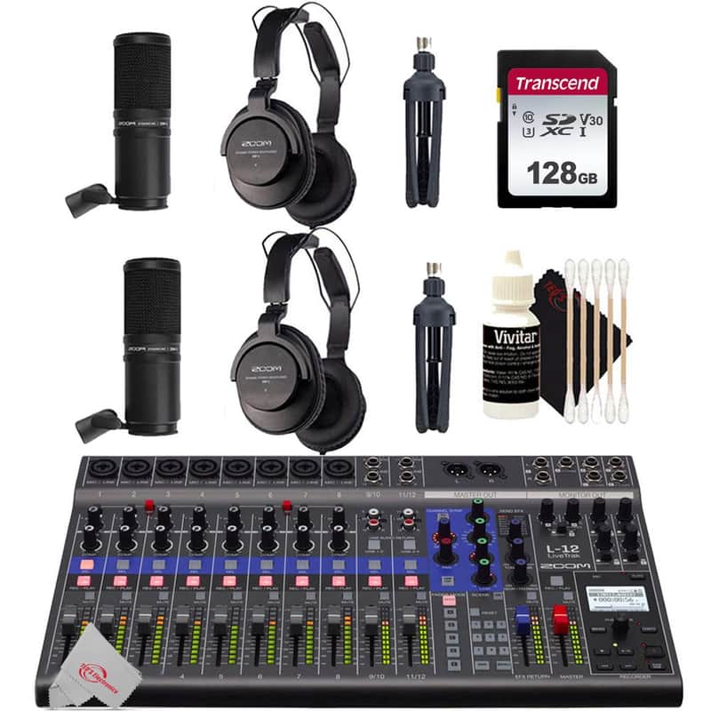 Zoom LiveTrak L-12 - 12-Channel Digital Mixer & Multitrack Recorder + Two Zoom ZDM-1 Podcast Mic Pack Accessory Bundle + 128GB Memory Card + 3pc Cleaning Kit image 1