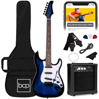 Beginner 39 In Electric Guitar Kit w/ Case, 10W Amp, Tremolo Bar - Blue image 1