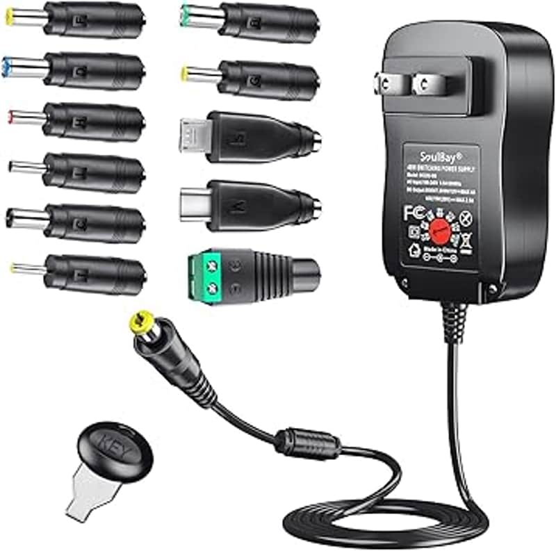 48W Universal AC Adapter DC 5V 6V 7.5V 9V 12V 15V 19V 20V Switching Power Supply 100-240VAC Input US Plug Transformer with 11 Tips for Household Electronics, USB-C & 5.5 * 2.1mm Included image 1