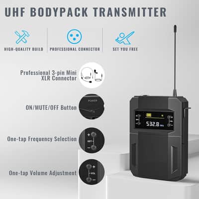 UHF Wireless Microphone System w/ 2x30 Tunable Frequencies, Metal Cordless Mic Set, 200 ft Range, 2 Bodypacks & Headsets/Lapel Mics for Speaking, Singing, Church, DJ image 2