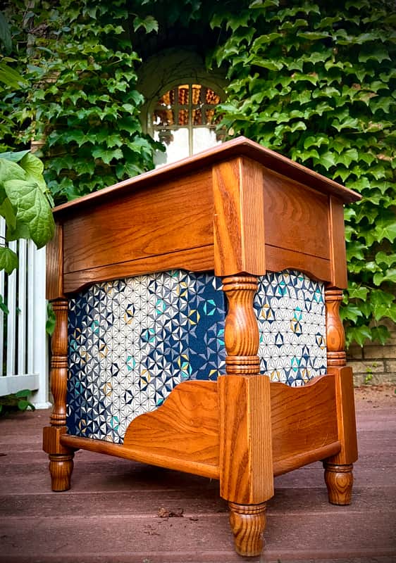 Rotary Connection 1x12 loaded semi open guitar speaker cab / side table! Vintage Rola 12” 8 ohm 25 watt speaker. Solid oak hardwood. Unique one off / one of a kind cab. Crazy 3D geometrical cloth. 2026 - Wood image 1