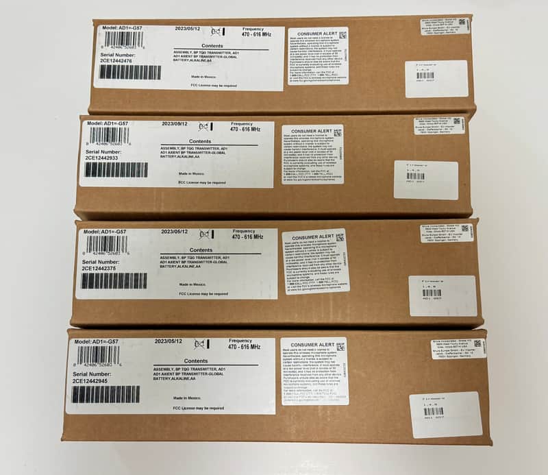 Shure AD1 Wireless Bodypack Transmitters (4 Pack) w/ 6 Instrument Cables, Battery Adapters, Locking TA4M – In Original Boxes image 1