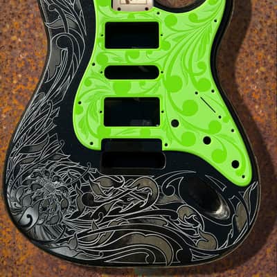 Black Sparkle XGP Stratocaster Style Laser Engraved Guitar Body with Solid Slimer Green Acrylic Pickguard and Tremolo Cover HSH, HSS, SSS Setups Available image 1