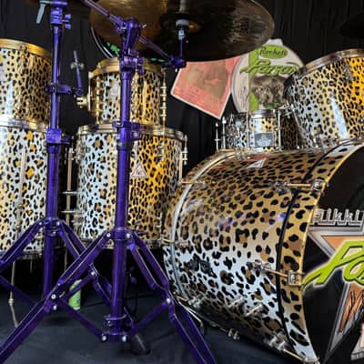 Rikkie Rockett's Poison, Innovation Drums 2000-2002 Tour Maple Kit, 7 Piece Set, Gladstone Style Snare Custom Cheetah Airbrush Finish. Signed! image 1