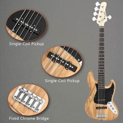 Glarry Burlywood GJazz Electric Full Size 5 String Bass Guitar image 12