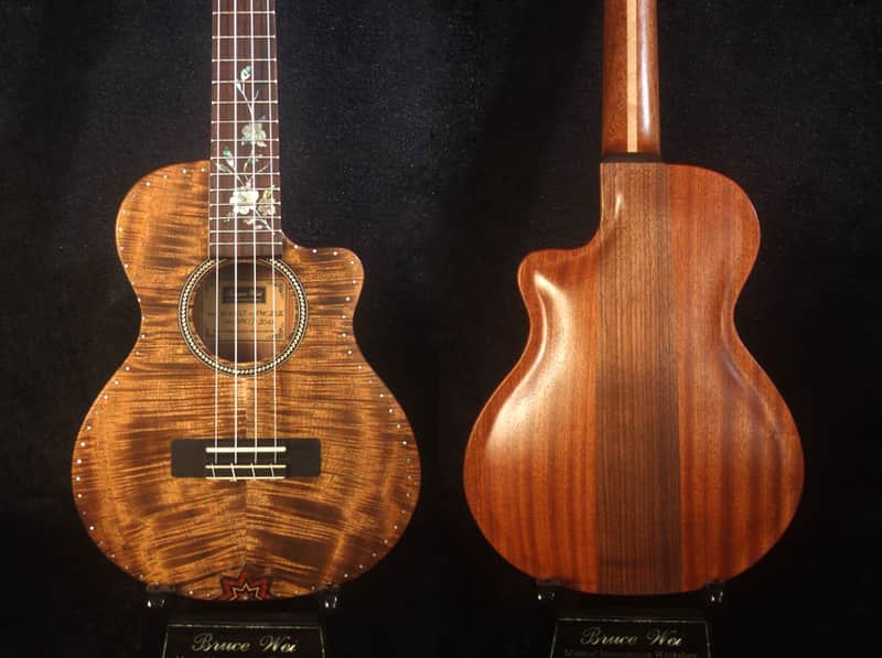 Handcrafted Tenor Ukulele, Carved ARCHBACK Solid Curly Acacia, Mahogany, Floral Inlay, Soft-bag, Bruce Wei UAC17-2046 image 1