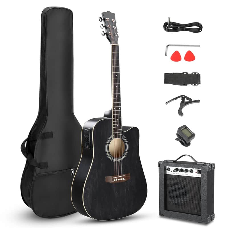New Ktaxon 41-In Basswood Acoustic Folk Guitar EQ with 10W Amplifier Black image 1
