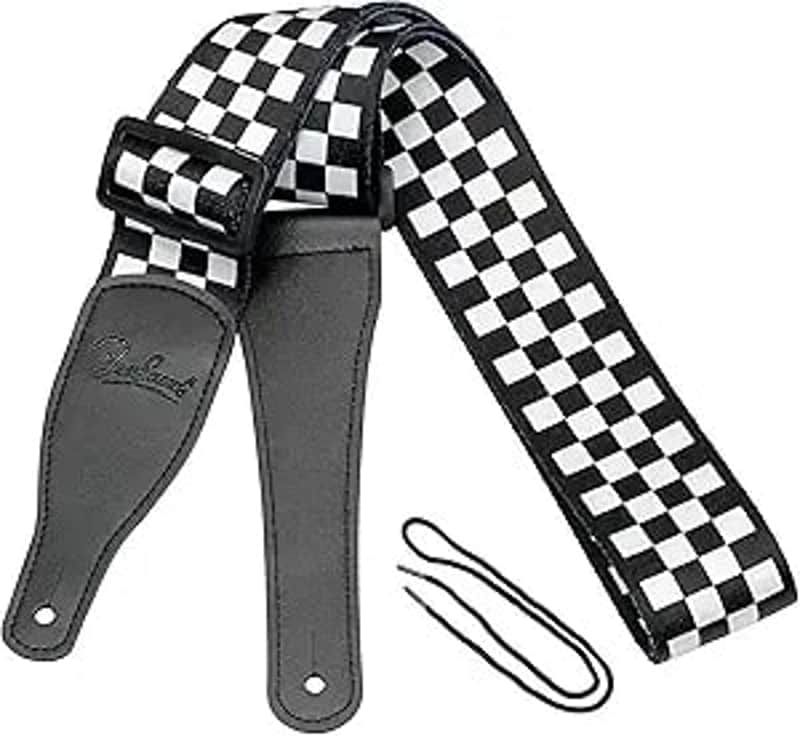 Guitar Strap, Bass Guitar Strap, Electric and Acoustic Guitar Straps - Durable Nylon Checkered Guitar Shoulder Strap with Leather Ends (Black and White Checkered) image 1