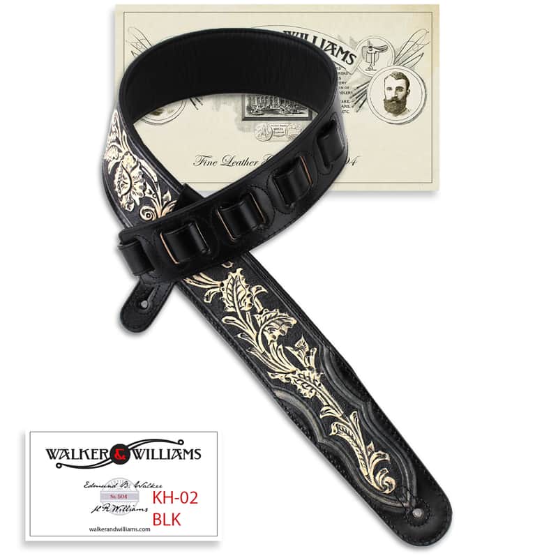 Walker And Williams KH-02-BLK Onyx Black Carving Leather Top With Tooled Floral Vine & Western Ends image 1