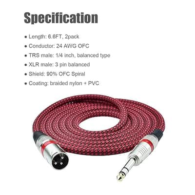 1/4" TRS to XLR Male Cable Balanced - 6.6FT Quarter Inch Stereo to XLR Microphone Cord Adapter, Nylon Braided, OFC Shielded, Red Color, for Mixer, Monitor Speaker, Audio Interface, 2Pack image 3