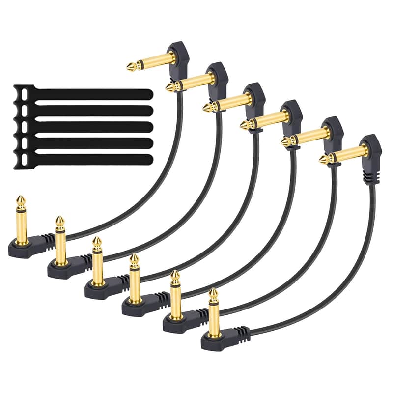 12-Inch Flat Guitar Patch Cables 6 Pack, Ultra-Thin 6.35mm Right-Angle Guitar Effects Pedal Board Patch Flat Cord, Thin-Type Save More Space Pedal Board Cables Gold Plated Connector 1/4 TS Copper Wire image 1