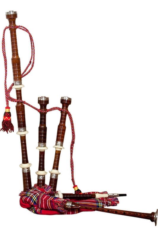 Roosebeck BAGERT Full Size Sheesham Bagpipe Engraved Nickel Plated w/Red Tartan Cover image 1