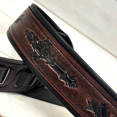 Walker and Williams KB-02-BT Oxblood Brown Carving Leather Padded Guitar Strap With Black Floral Skull & Cross For All Guitars And Basses image 4