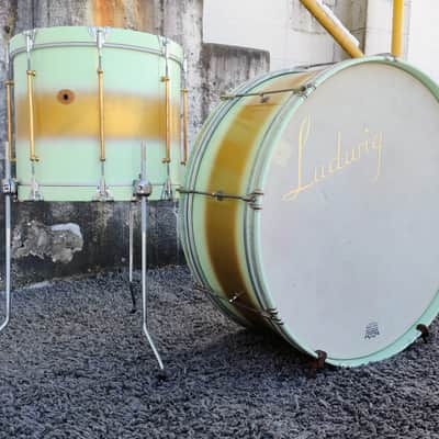 30's Ludwig Mint/Gold Duco 2PC (26"x10" BD + 15"x12" Brass Tube Lug FT) Drum Set image 1