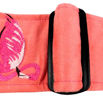 Embroidered Flamingos Guitar Strap on Coral Ultrasuede Artisan Handmade One of a Kind image 5