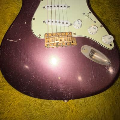 Stratocaster -1963 replica, Chunky highly figured Brazilian Rosewood slab Musikraft neck/ JM Rolph 1963 pickups/ nitro guard /mjt relic Purple Mist body/ relic gold hardware image 19