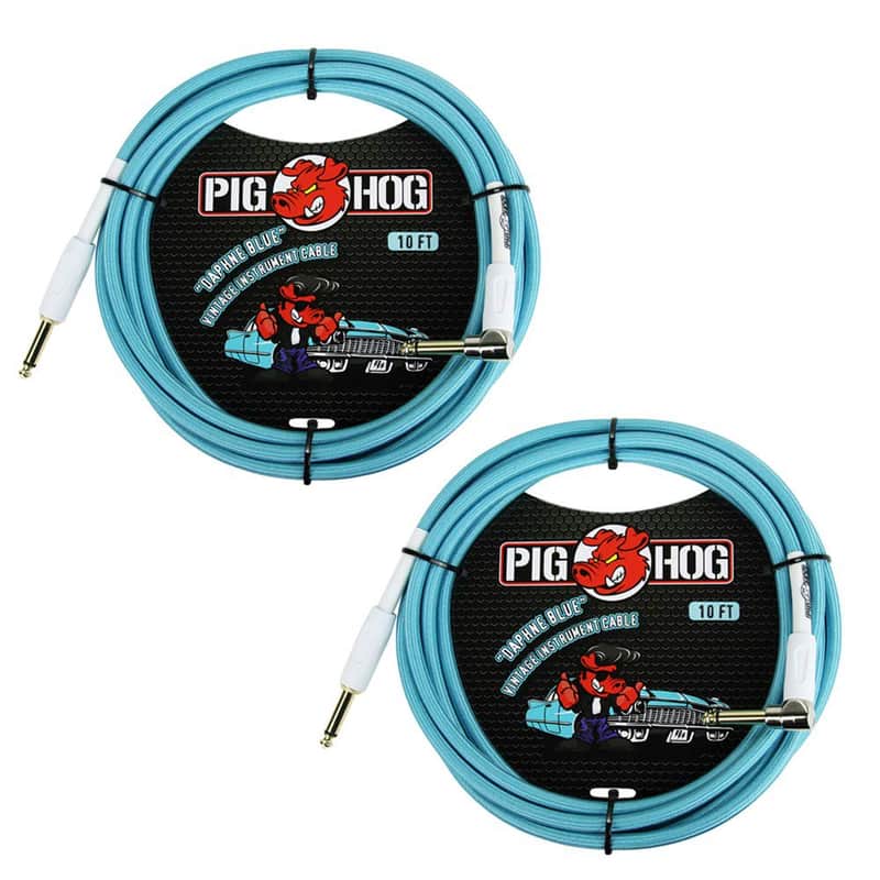 Pig Hog PCH10DBR 1/4" to 1/4" Right-Angle Daphne Blue Guitar Instrument Cable, 10 Feet (2-Pack) image 1